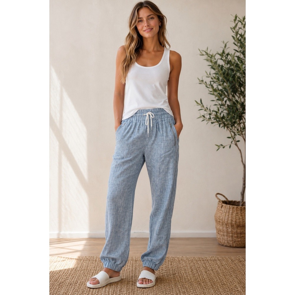 ATHLETA Cabo Tide Linen Jogger Sz 10 Travel Resort 100% Linen Pant Blue #GH9-3